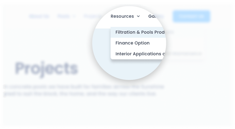 Screenshot of Resources menu showing Filtration & Pools Product, Finance Option, Interior Apps.
