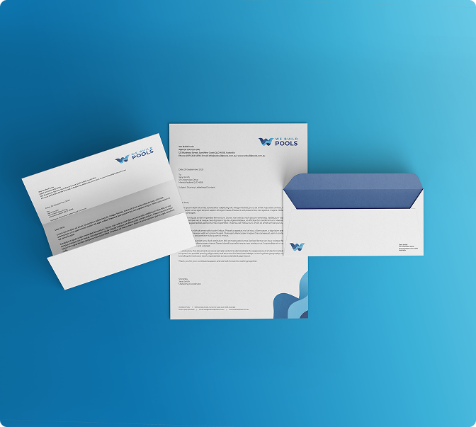 Growthify pool construction business stationery and branding materials on blue background.