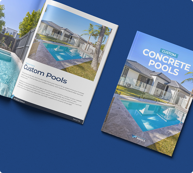 Brochure showcasing custom concrete pools with modern design and backyard landscaping.