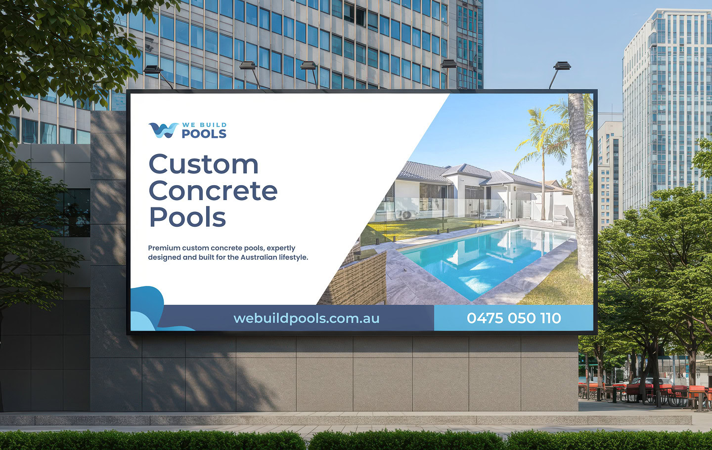 Custom concrete pools by Growthify in an urban setting with high-rise buildings.