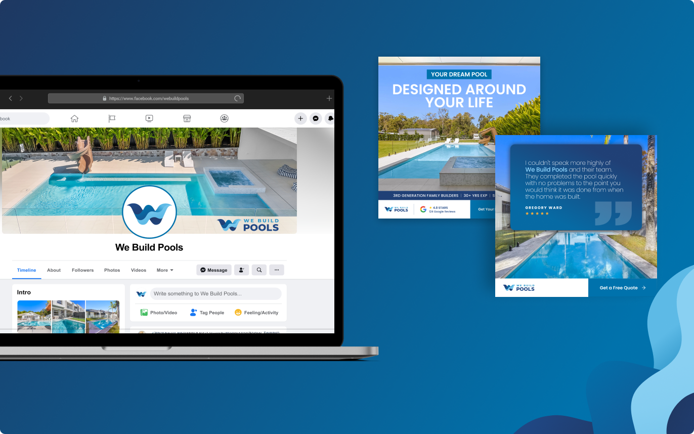 Growthify pool design and branding materials for We Build Pools project.