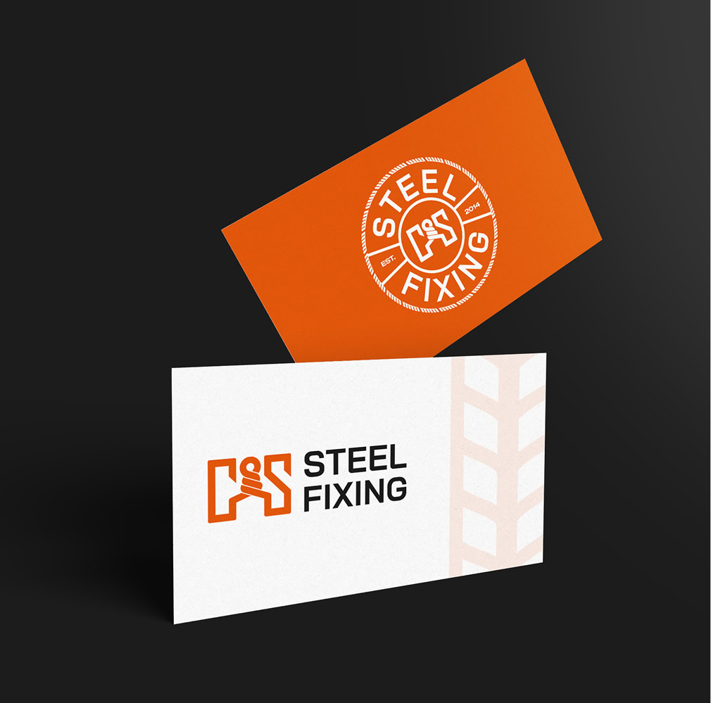 Growthify logo on business card and sticker for steel fixing services.