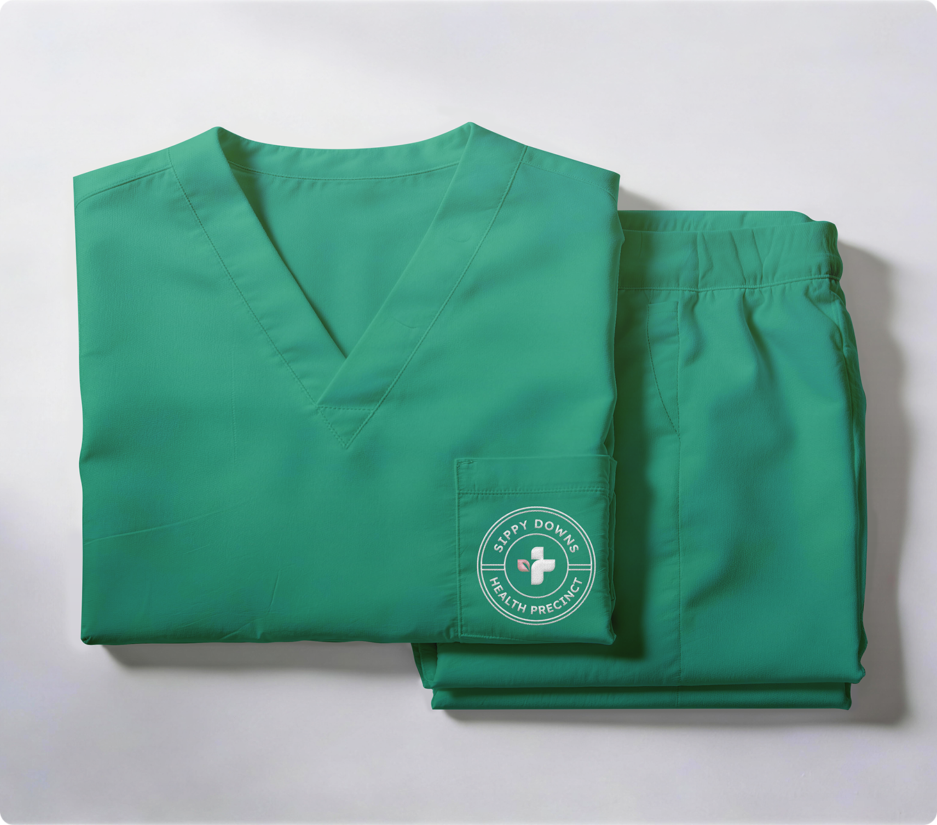 Green medical scrubs with Sippy Downs Health Precinct logo on pocket.