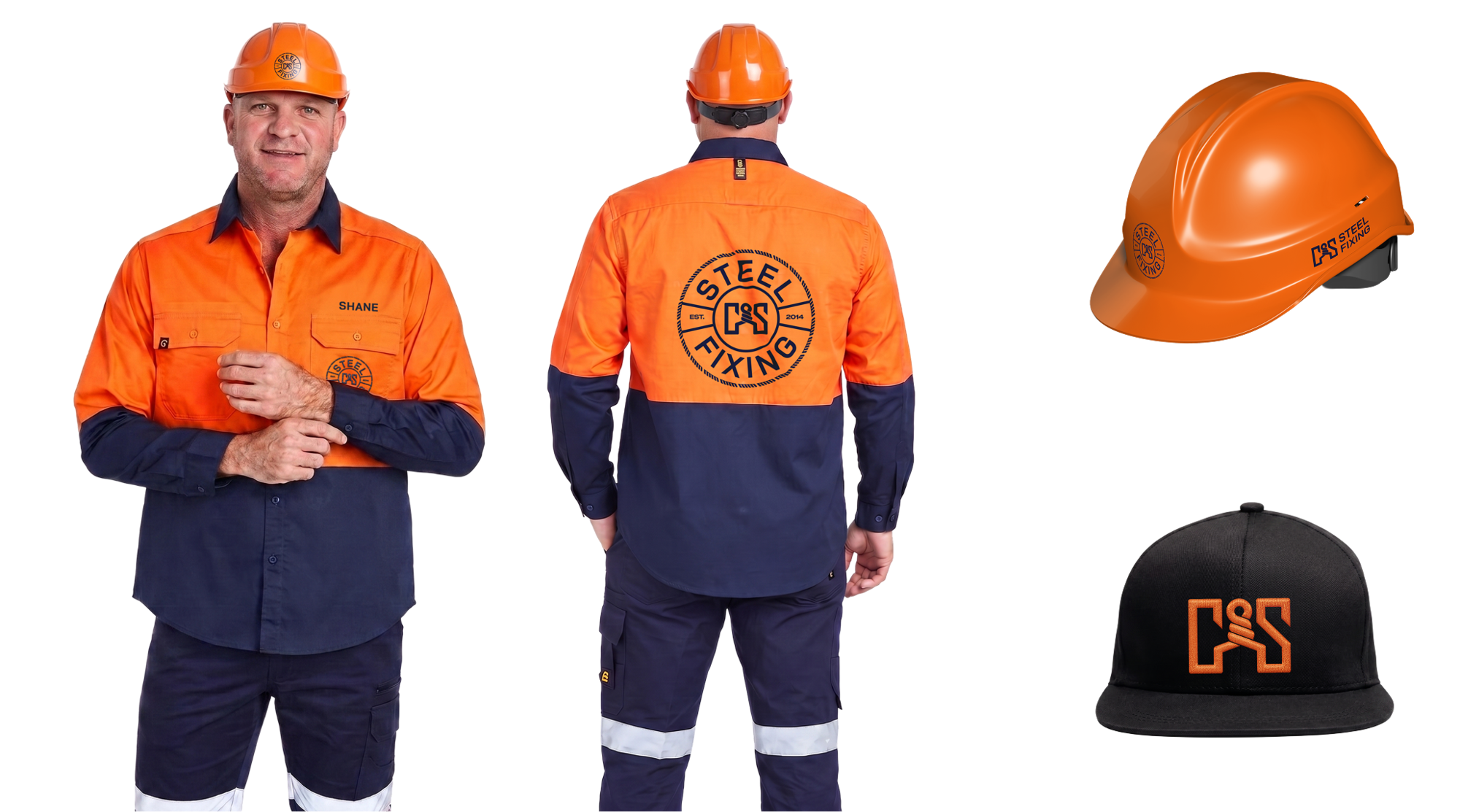 Construction worker in orange and navy safety uniform with C&S Steel Fixing logo.