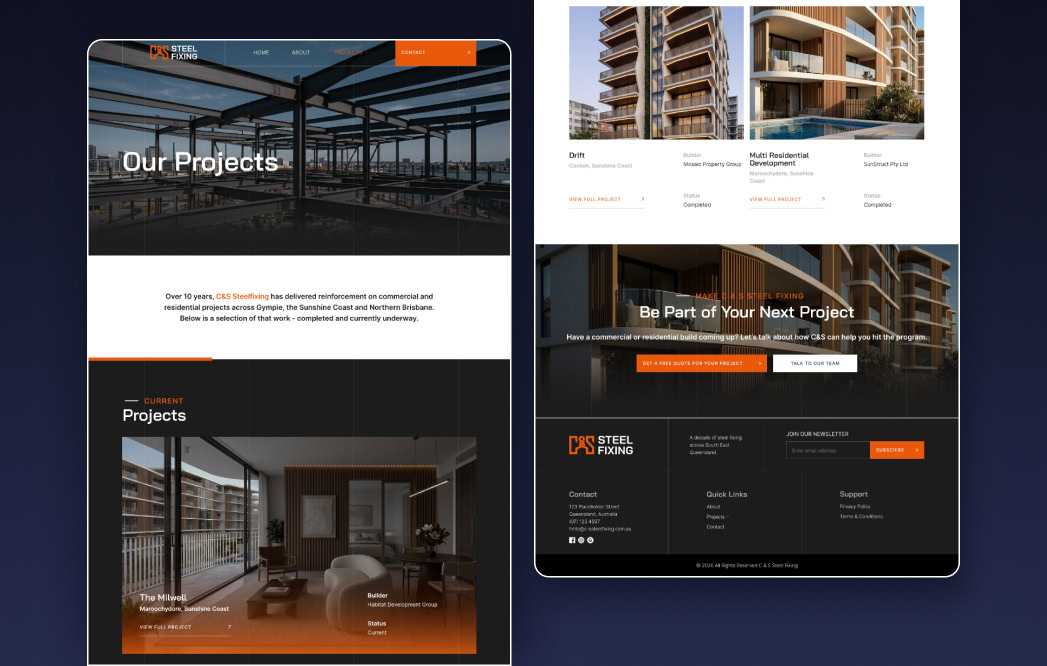 Construction project images showcasing steel fixing and building development.